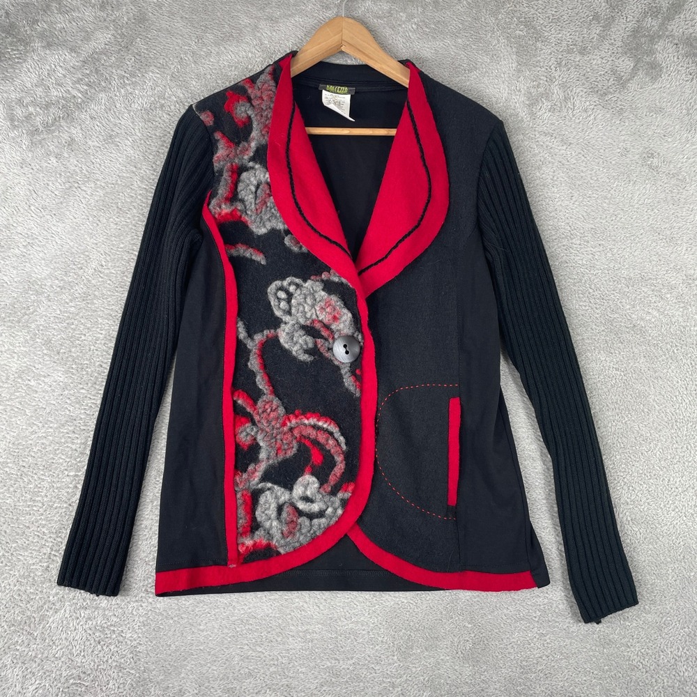 Dolcezza Art to Wear Jacket Womens Small Black Red Wool Blend Mixed Media Blazer